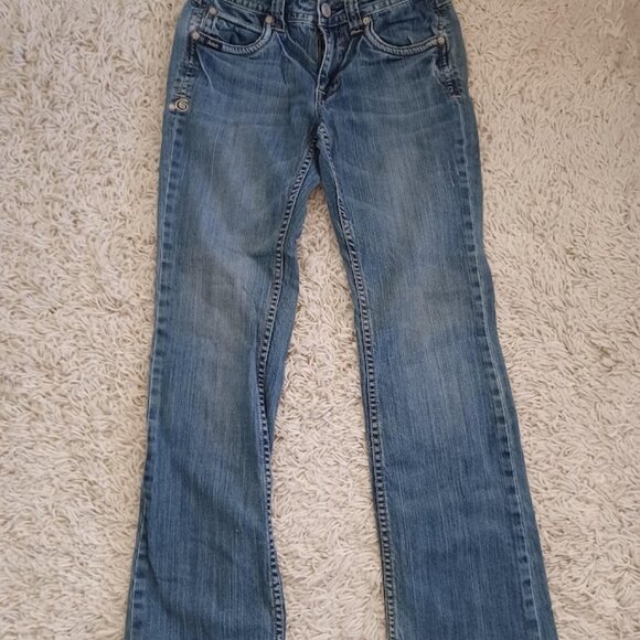 Adiktd Women’s Jeans Sz 4 W28 33x28 Bootcut Med Wash Embroidered Pockets Stretch - Picture 2 of 9